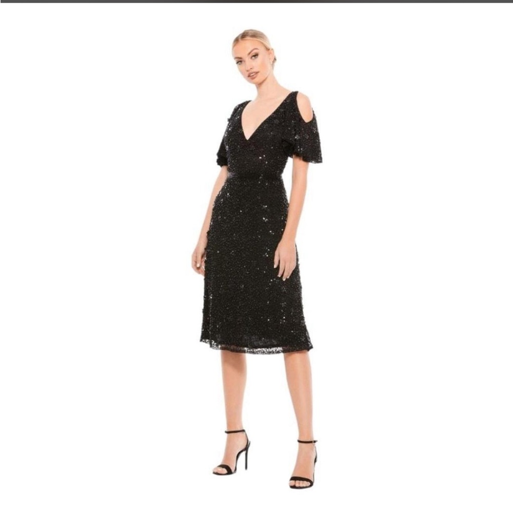 Mac Duggal Black Sequin Cold-Shoulder V-Neck Midi Dress